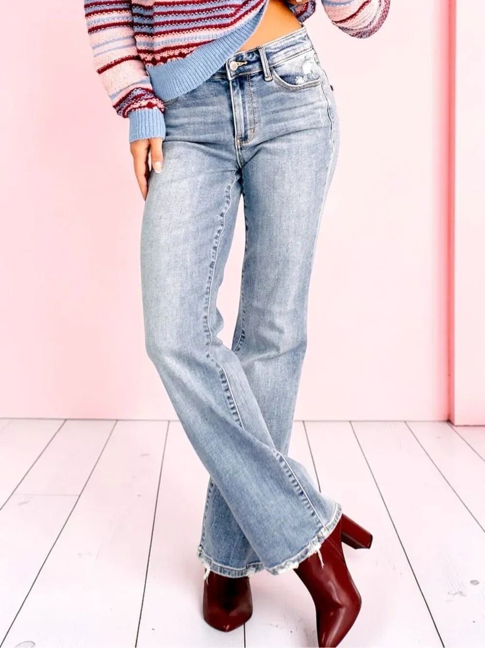 Judy Blue Mid Rise Vintage Wash Destroy Hem Bootcut Jeans | Stretch Denim